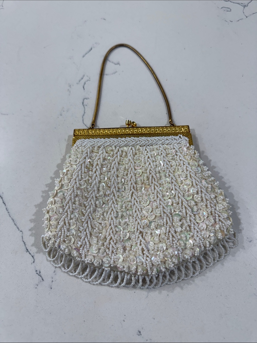 Vintage Beaded Ivory Evening Clutch with Gold Frame